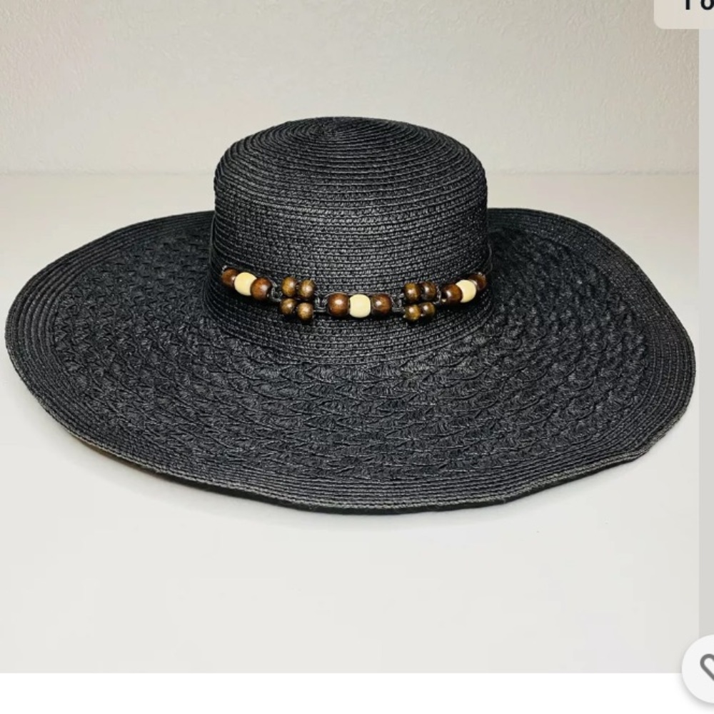 Black Women’s Straw Floppy Beach Hat Wood Beads